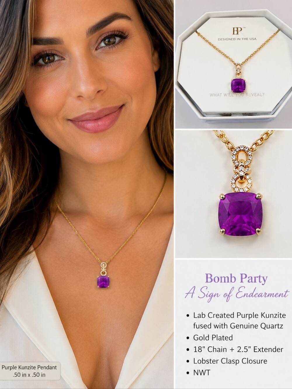 Bomb Party "A Sign of Endearment" Necklace  NWT Lab Created Purple Kunzite Gold